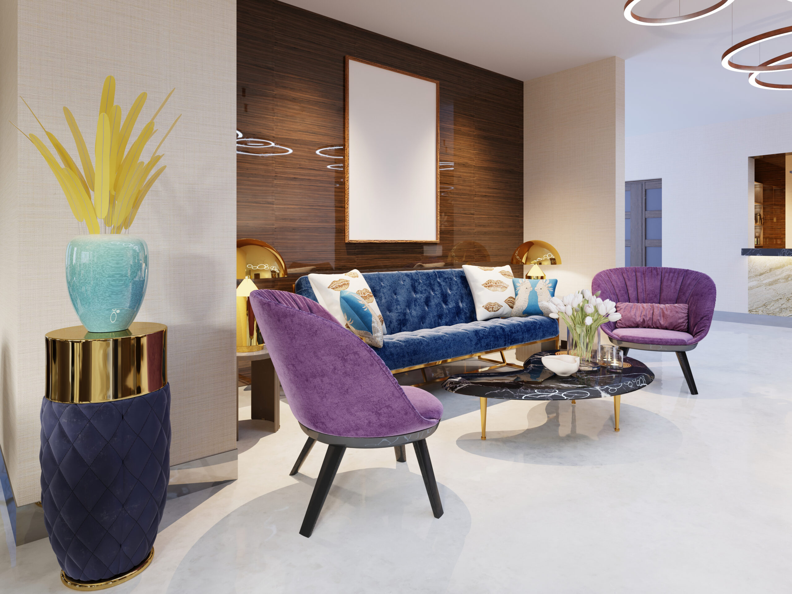 Fragment of the lobby of the five stars luxury hotel. luxurious sofa with chairs and a magazine table with flowers. Lounge area. Interior design.